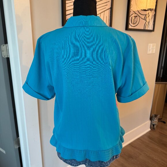 Vintage Patchwork Button-Up blouse \ Retro 80's Blouse \ Blue Button-Up - Picture 6 of 11